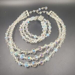 Vintage Aurora Borealis AB Crystal Triple Strand Necklace Bracelet Set 15" Glam